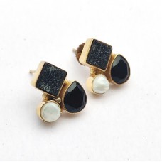 Black Druzy Onyx Pearl Gold Plated Fashion Stud Earrings 6.35 Gms